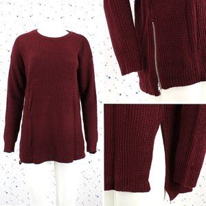 Long Sleeve Waffle Knit Pullover Sweater Burgundy